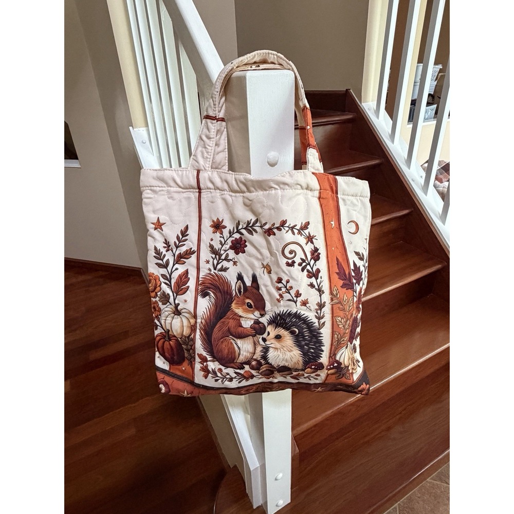 New Autumn Squirrel & Hedge-Hog Quilted Vintage Looking Handmade Style Tote Bag